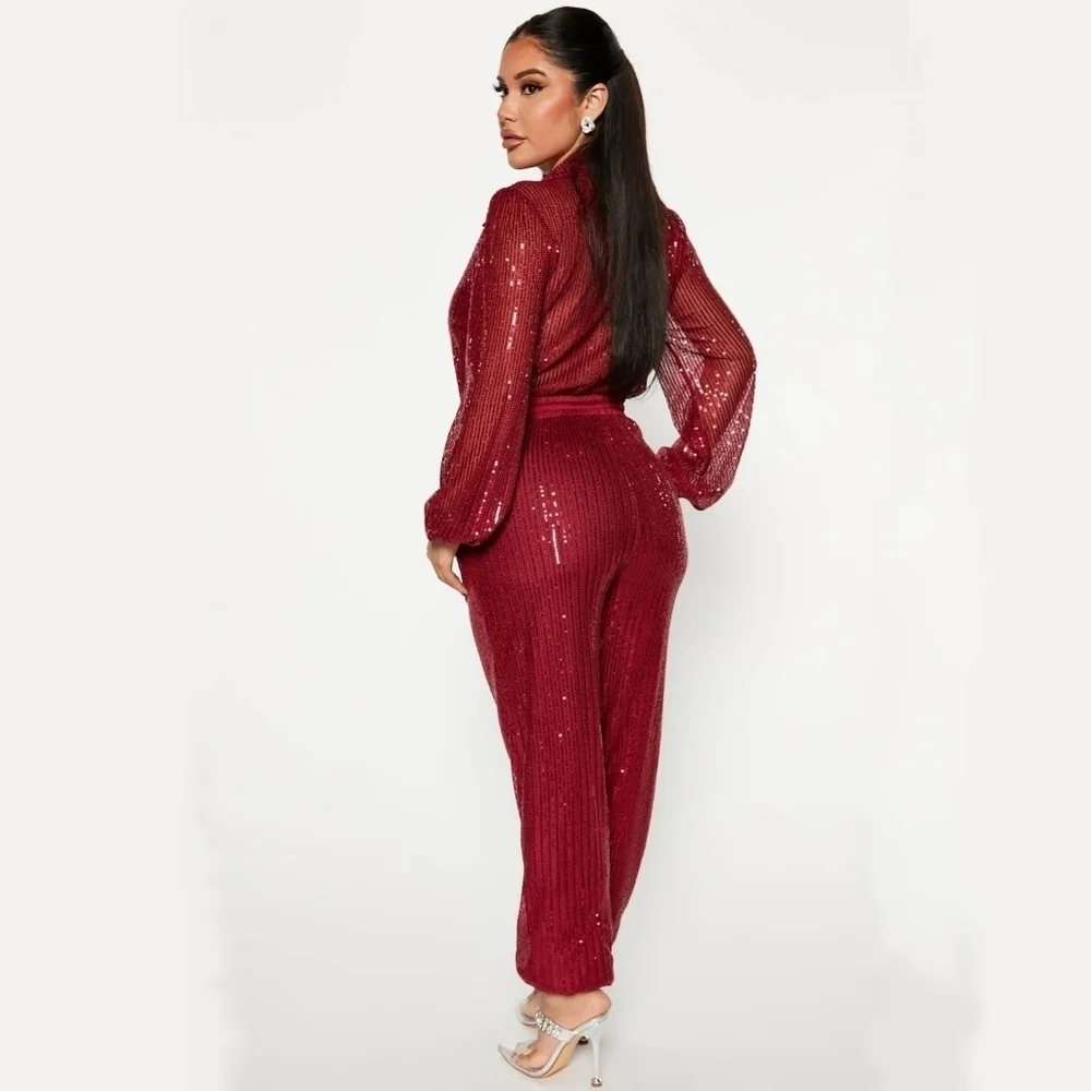 FashionNova Deep Red Wrap Front Collared Fully Sequin Long Sleeve Jumpsuit- sz S
